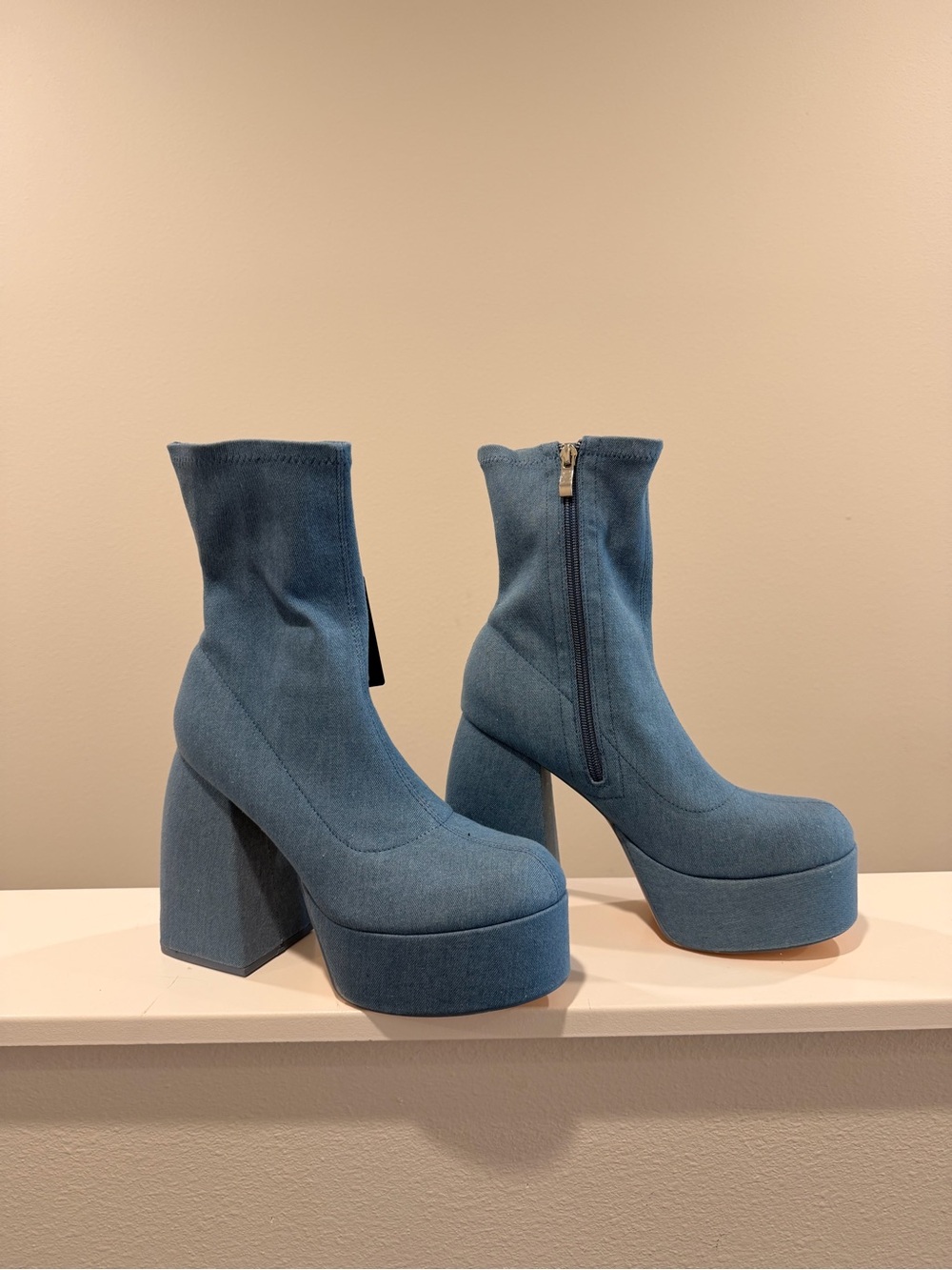 Denim Platform Ankle Boots with Chunky Heel